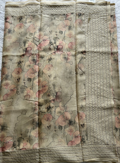 Semi Tussar Saree Light Olive Green Colored complemented with a Thread Embroidery Border. - Sampradaya Designer Studio