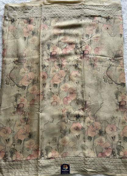 Semi Tussar Saree Light Olive Green Colored complemented with a Thread Embroidery Border. - Sampradaya Designer Studio
