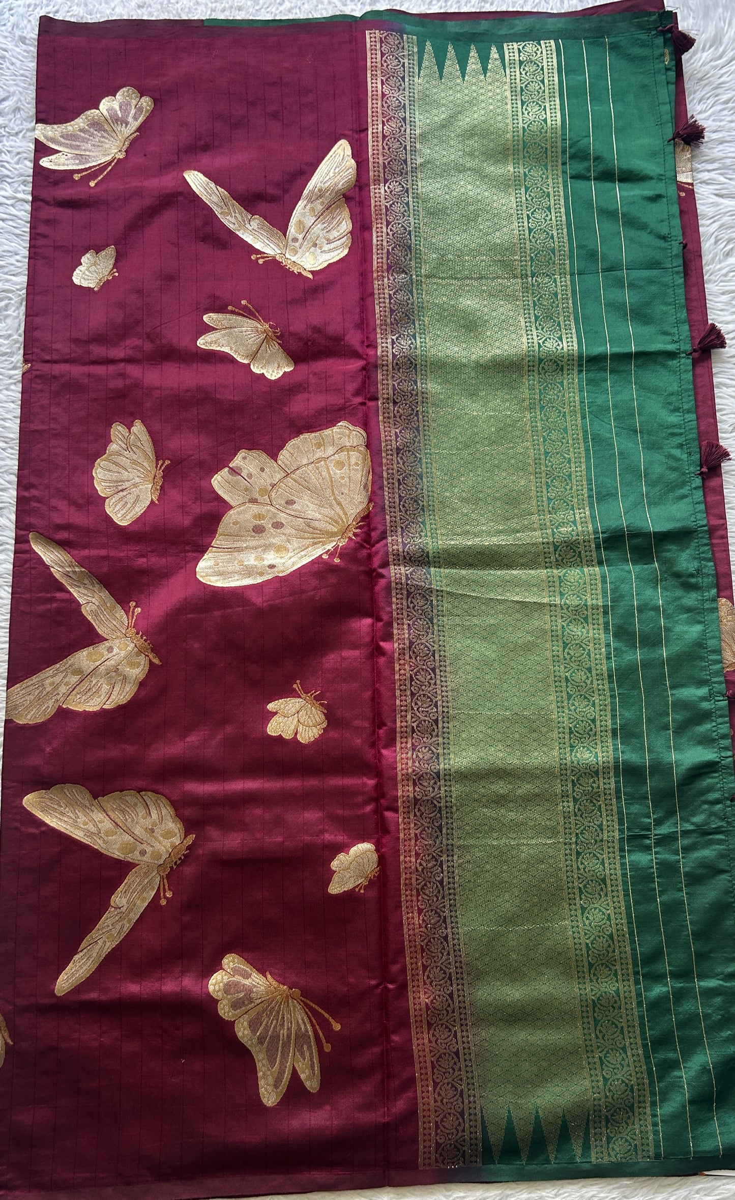 Semi Raw Silk Saree Wine Colored Elegantly Paired with a Borderless. - Sampradaya Designer Studio