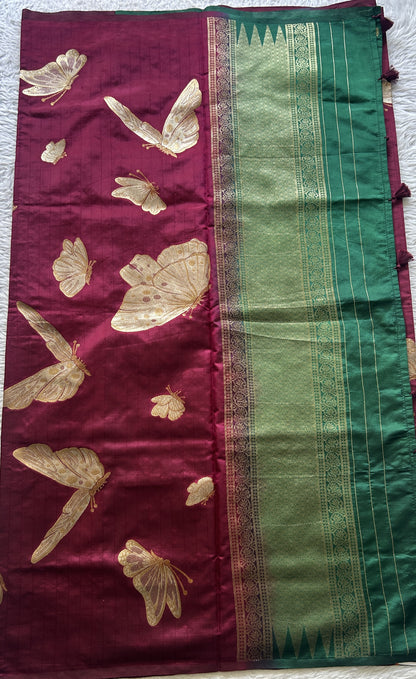 Semi Raw Silk Saree Wine Colored Elegantly Paired with a Borderless. - Sampradaya Designer Studio