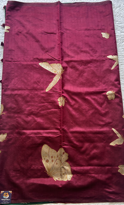 Semi Raw Silk Saree Wine Colored Elegantly Paired with a Borderless. - Sampradaya Designer Studio