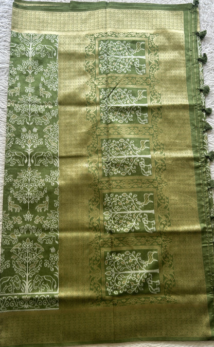 Semi Raw Silk Allover Saree Green Colored Elegantly Paired with a Zari Border. - Sampradaya Designer Studio