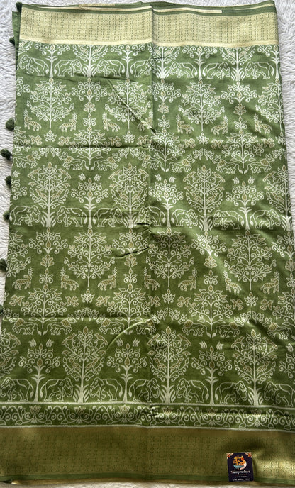 Semi Raw Silk Allover Saree Green Colored Elegantly Paired with a Zari Border. - Sampradaya Designer Studio