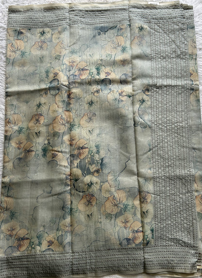 Semi Tussar Saree Light Blue Colored complemented with a Thread Embroidery Border. - Sampradaya Designer Studio