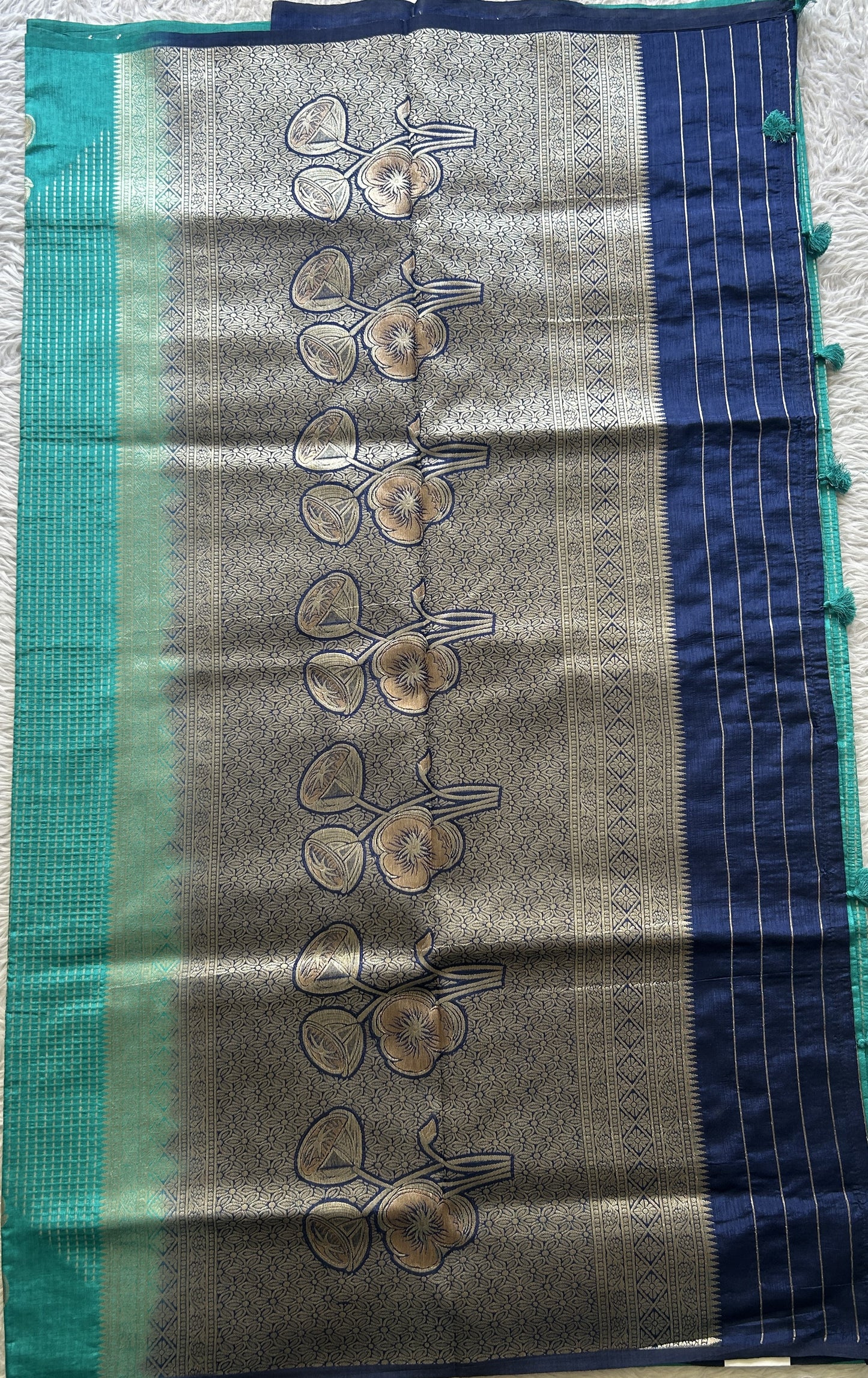 Semi Raw Silk Saree Sea Blue Colored Elegantly Paired with a Zari Border. - Sampradaya Designer Studio