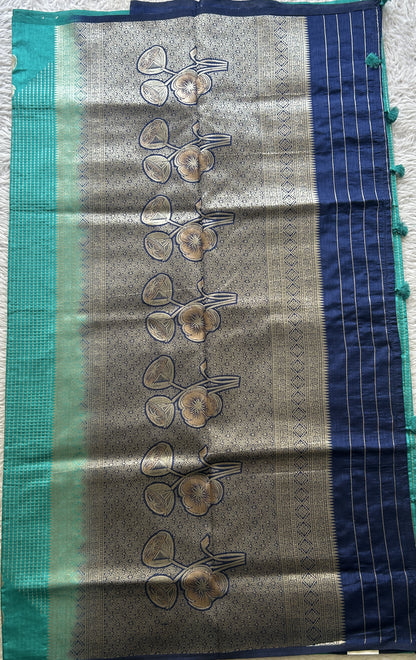 Semi Raw Silk Saree Sea Blue Colored Elegantly Paired with a Zari Border. - Sampradaya Designer Studio
