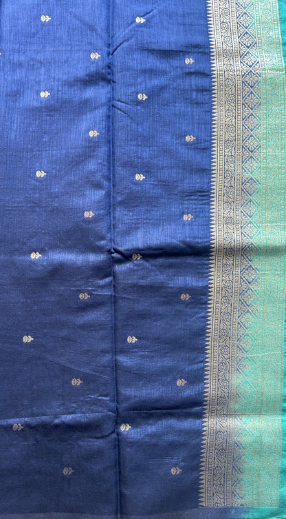 Semi Raw Silk Saree Sea Blue Colored Elegantly Paired with a Zari Border. - Sampradaya Designer Studio
