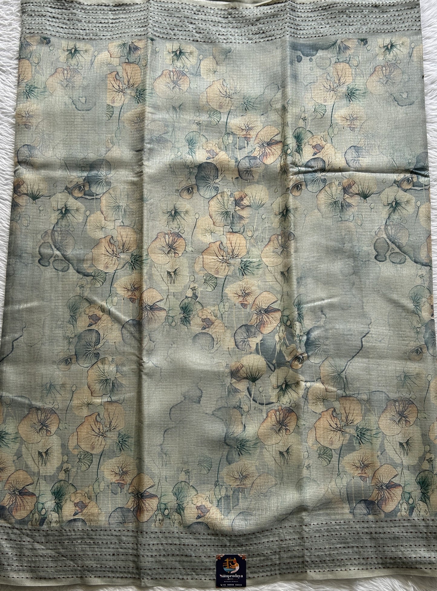 Semi Tussar Saree Light Blue Colored complemented with a Thread Embroidery Border. - Sampradaya Designer Studio