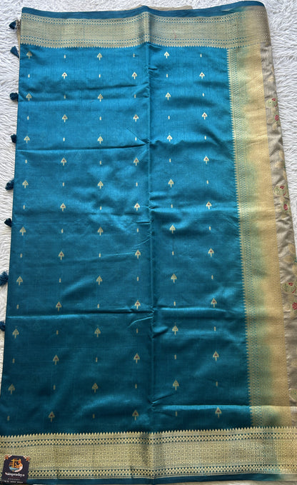 Semi Raw Silk Saree Blue Colored Elegantly Paired with a Zari Border. - Sampradaya Designer Studio
