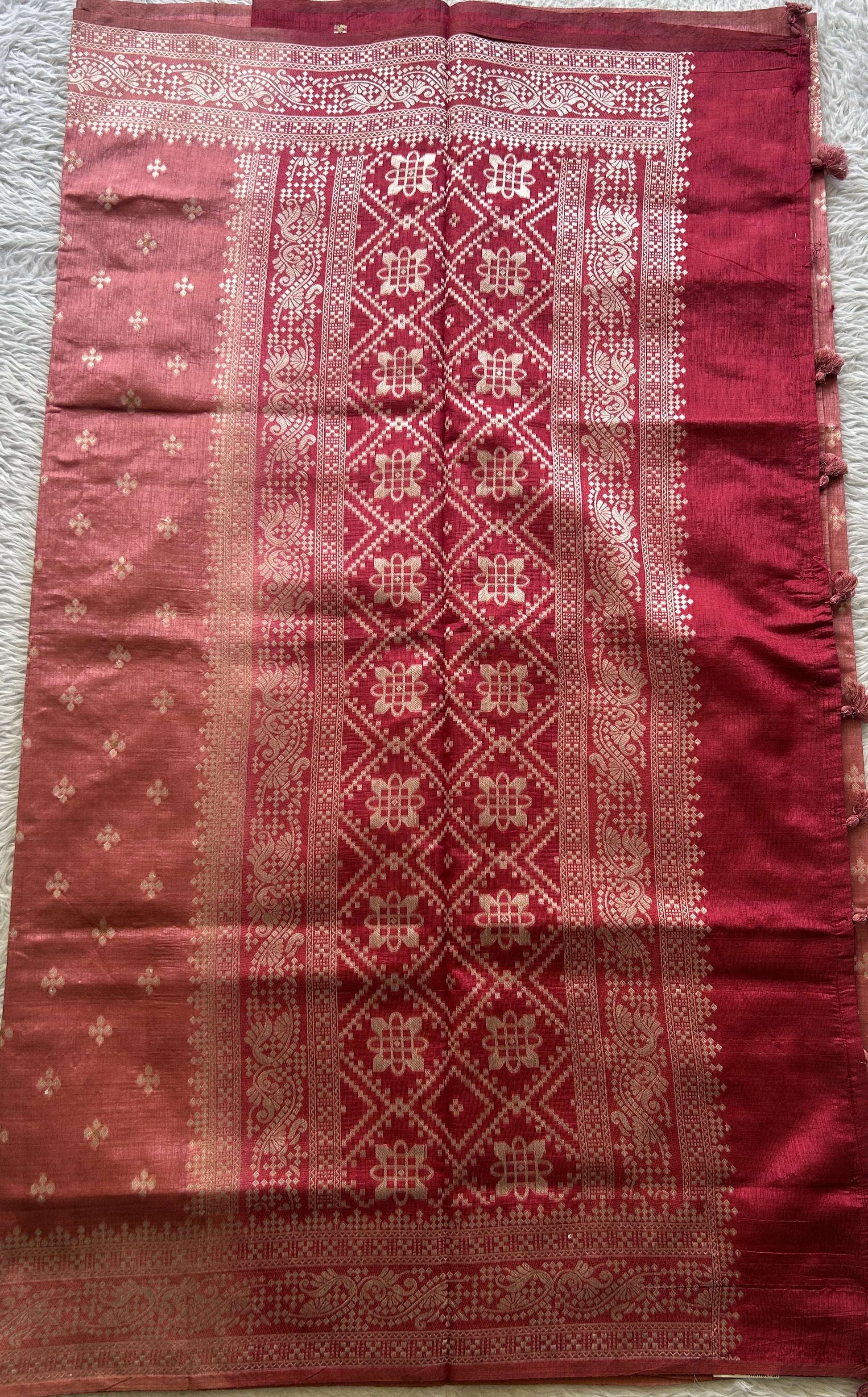 Semi Raw Silk Saree Rose Pink Colored Elegantly Paired with a Zari Border. - Sampradaya Designer Studio