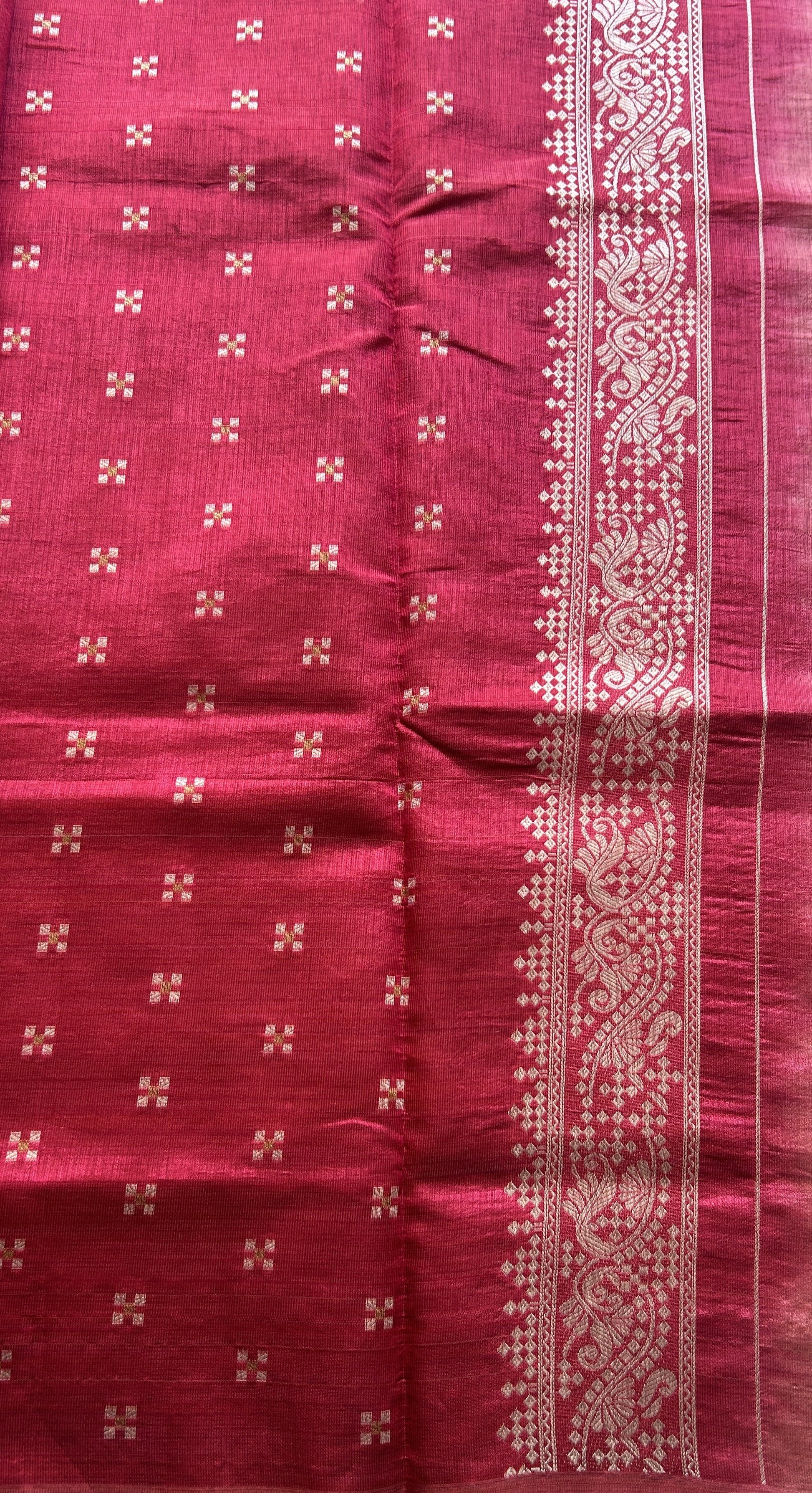 Semi Raw Silk Saree Rose Pink Colored Elegantly Paired with a Zari Border. - Sampradaya Designer Studio
