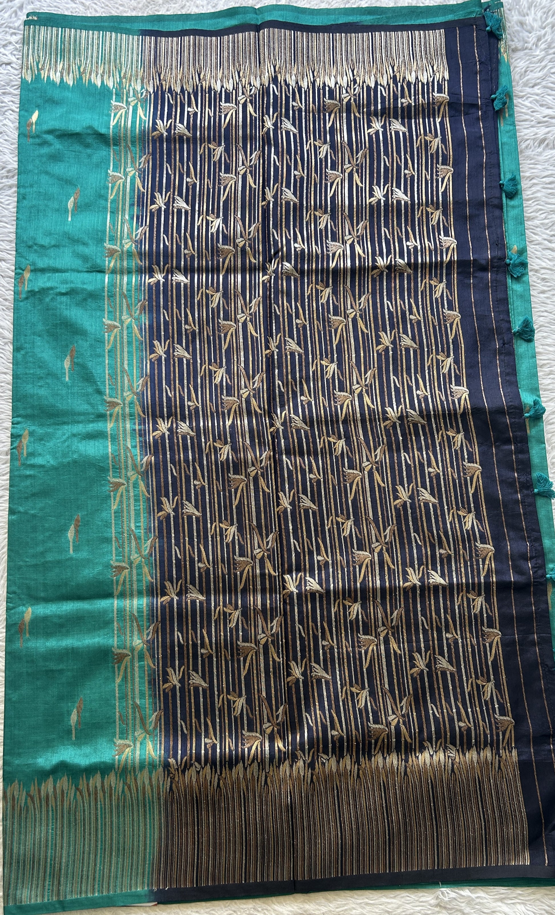 Semi Raw Silk Saree Rama Green Colored Elegantly Paired with a Zari Border. - Sampradaya Designer Studio
