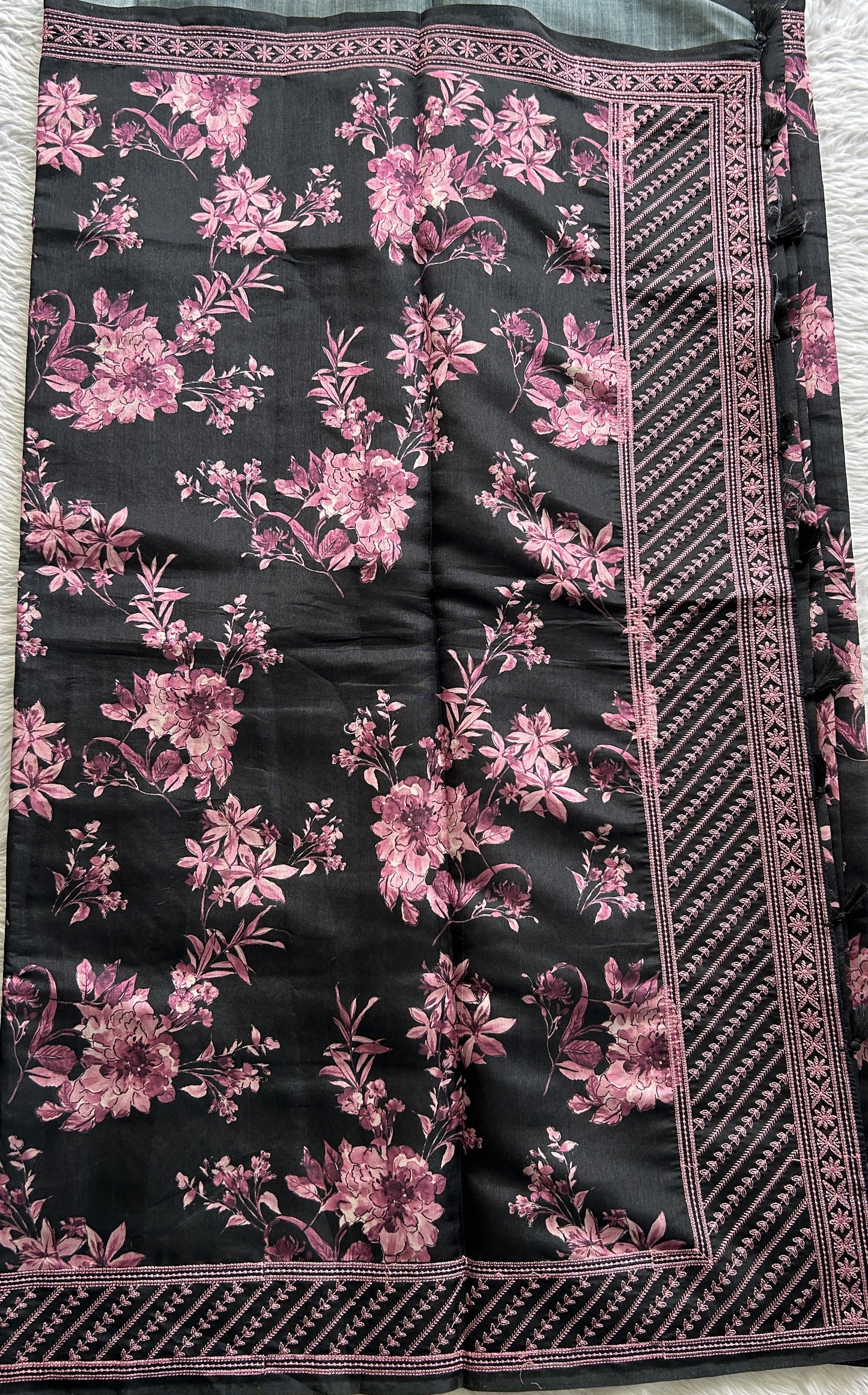 Semi Tussar Saree Black Colored complemented with a Lilac Thread Embroidery Border. - Sampradaya Designer Studio