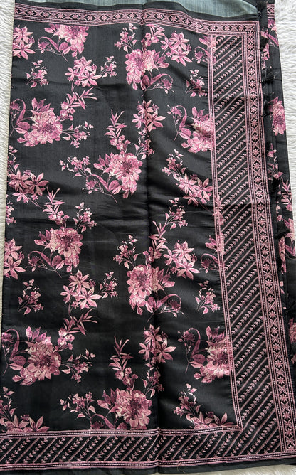 Semi Tussar Saree Black Colored complemented with a Lilac Thread Embroidery Border. - Sampradaya Designer Studio