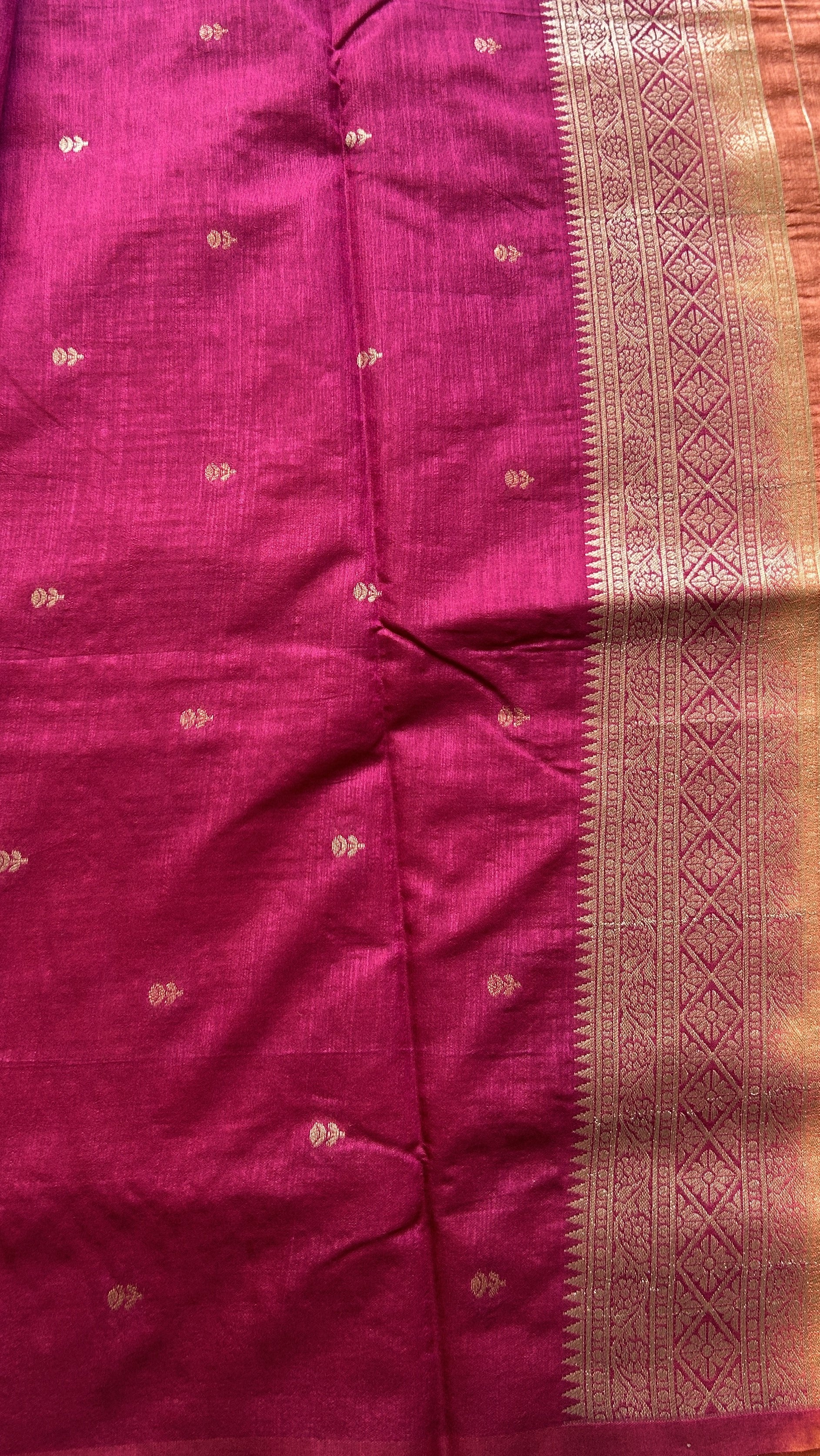 Semi Raw Silk Saree Peach Colored Elegantly Paired with a Zari Border. - Sampradaya Designer Studio