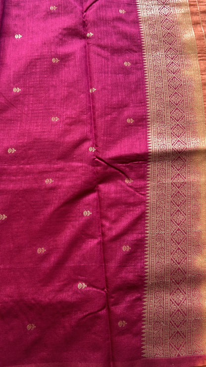 Semi Raw Silk Saree Peach Colored Elegantly Paired with a Zari Border. - Sampradaya Designer Studio
