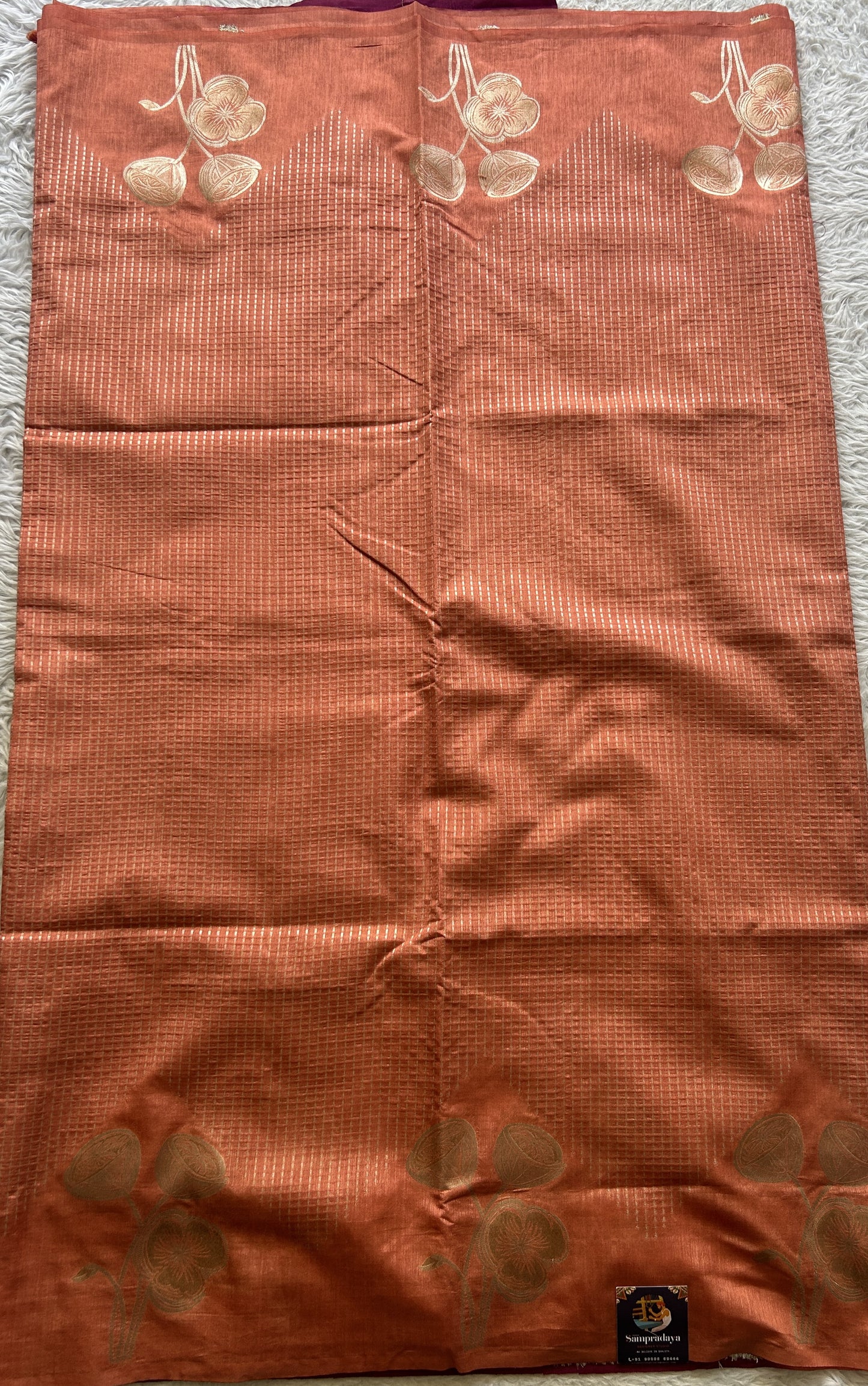 Semi Raw Silk Saree Peach Colored Elegantly Paired with a Zari Border. - Sampradaya Designer Studio
