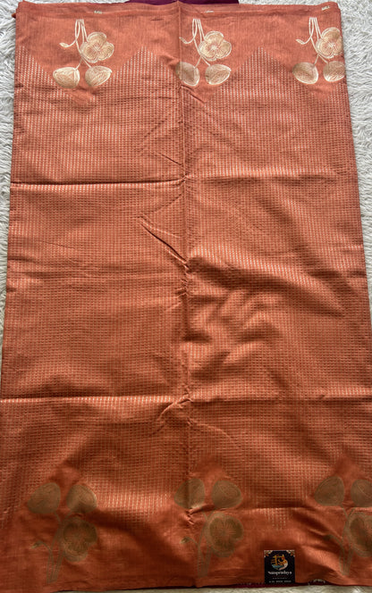 Semi Raw Silk Saree Peach Colored Elegantly Paired with a Zari Border. - Sampradaya Designer Studio