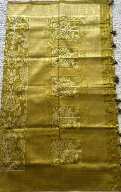 Semi Raw Silk Allover Saree Mustard Green Colored Elegantly Paired with a Zari Border. - Sampradaya Designer Studio