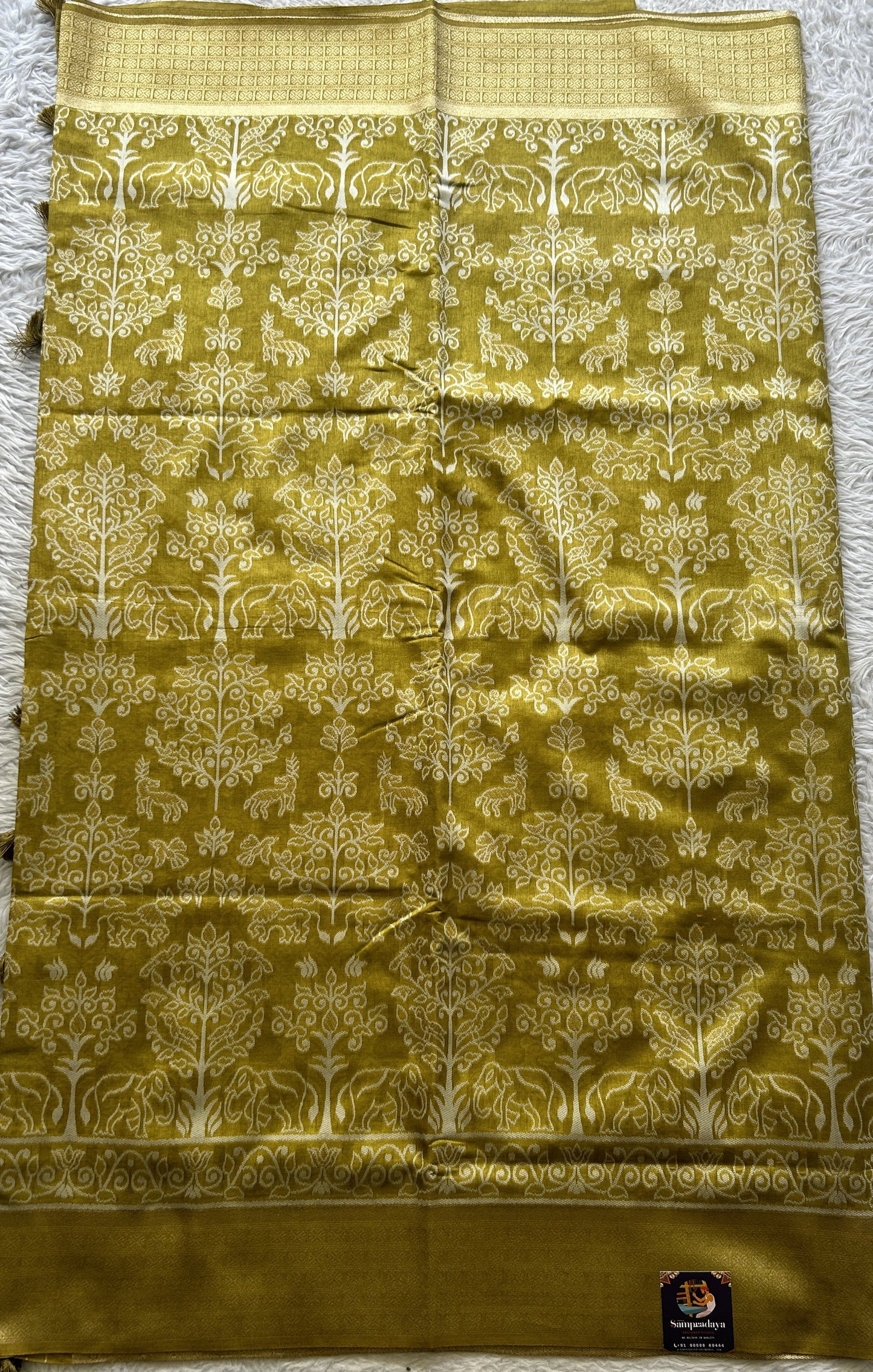Semi Raw Silk Allover Saree Mustard Green Colored Elegantly Paired with a Zari Border. - Sampradaya Designer Studio