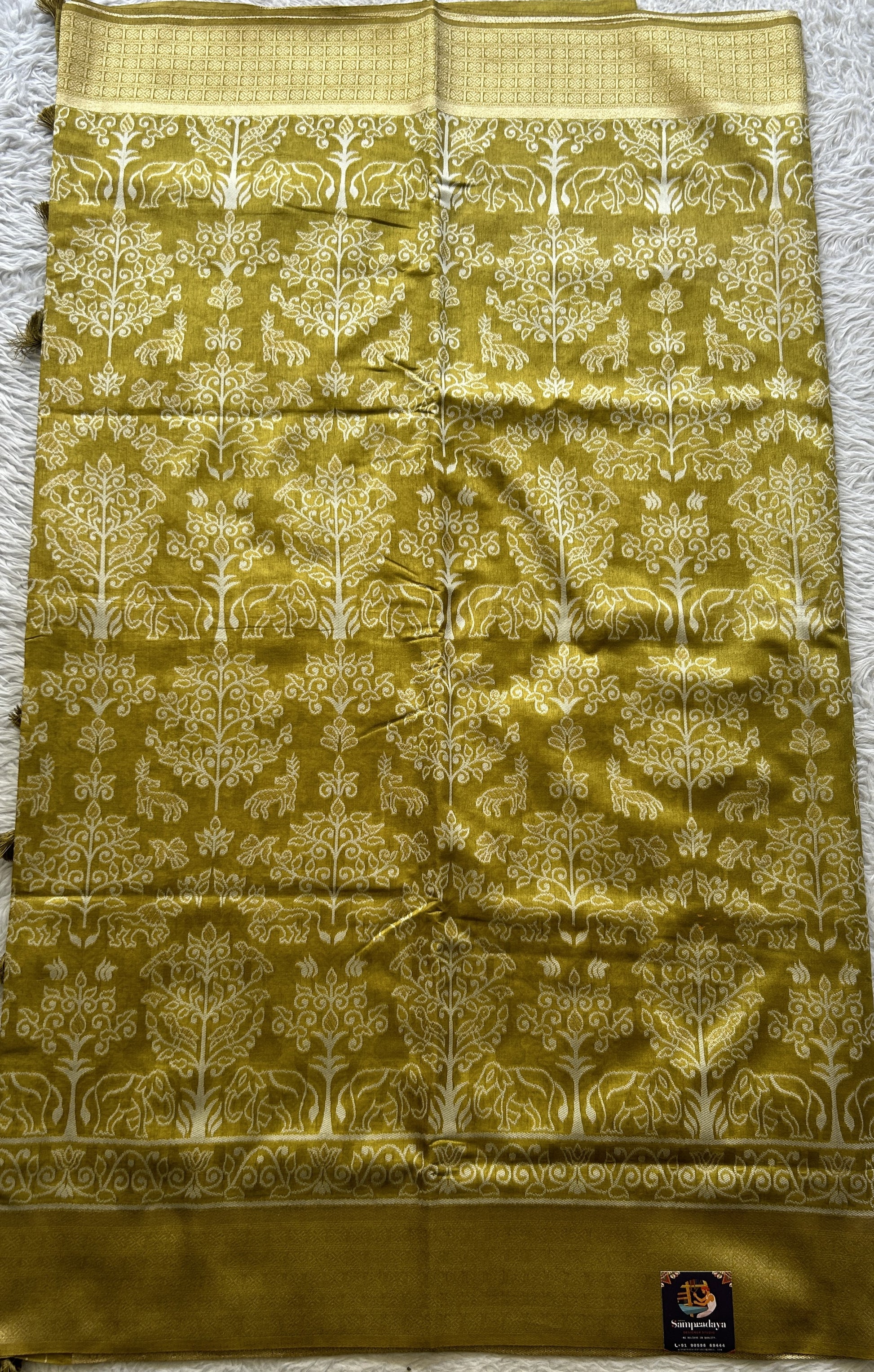 Semi Raw Silk Allover Saree Mustard Green Colored Elegantly Paired with a Zari Border. - Sampradaya Designer Studio