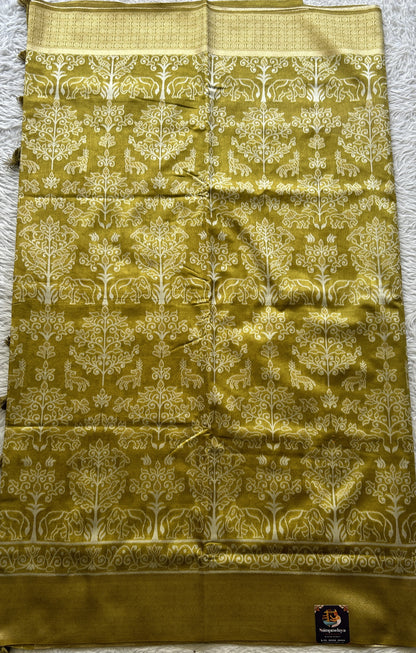 Semi Raw Silk Allover Saree Mustard Green Colored Elegantly Paired with a Zari Border. - Sampradaya Designer Studio