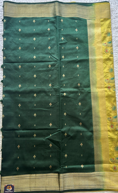 Semi Raw Silk Saree Dark Green Colored Elegantly Paired with a Zari Border. - Sampradaya Designer Studio