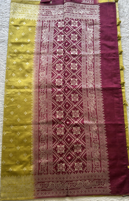 Semi Raw Silk Saree Neon Green Colored Elegantly Paired with a Zari Border. - Sampradaya Designer Studio