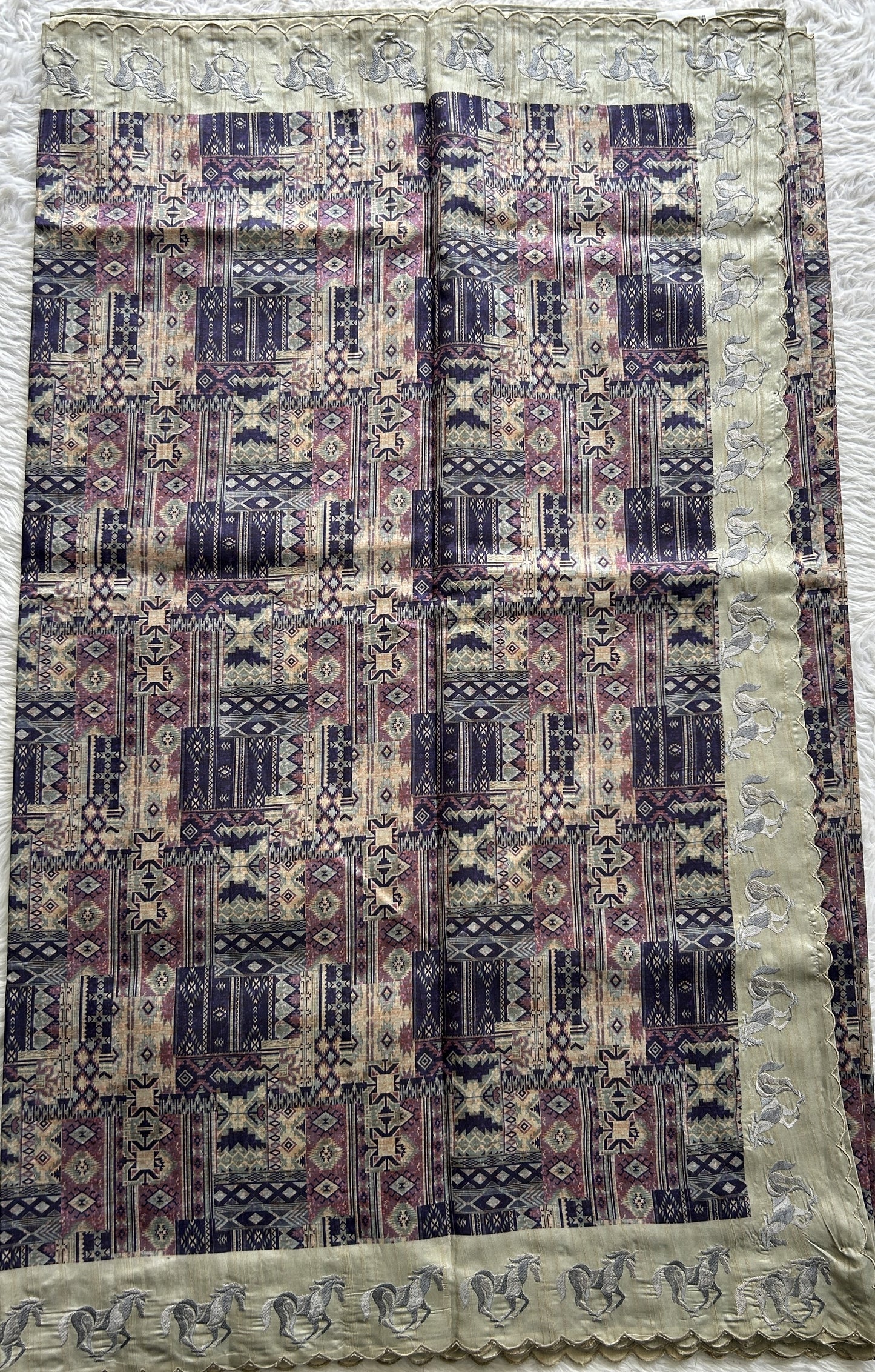 Semi Tussar Saree Purple Colored complemented with a Light Olive Green Color Scallop Border. - Sampradaya Designer Studio