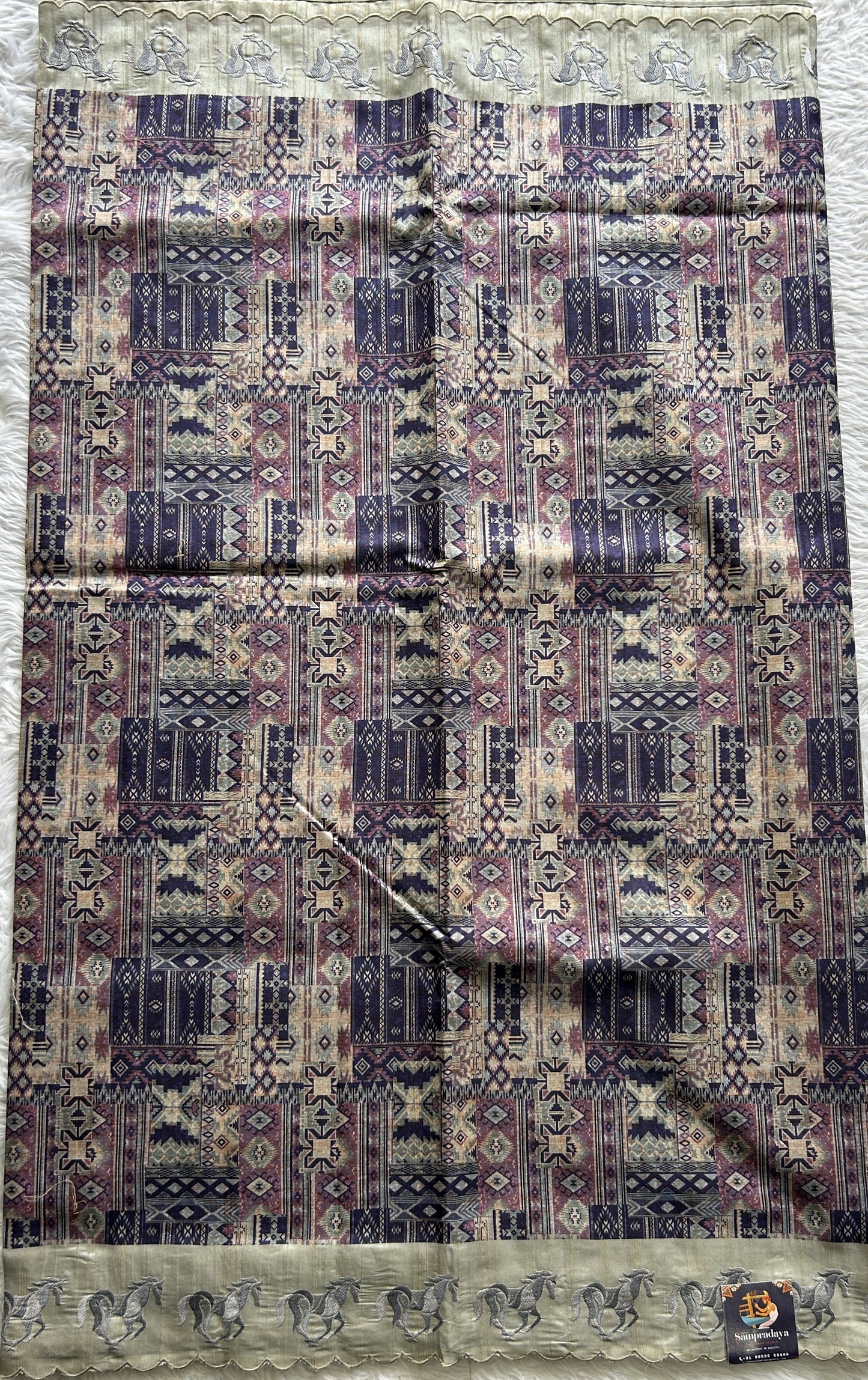 Semi Tussar Saree Purple Colored complemented with a Light Olive Green Color Scallop Border. - Sampradaya Designer Studio