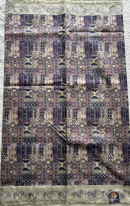 Semi Tussar Saree Purple Colored complemented with a Light Olive Green Color Scallop Border. - Sampradaya Designer Studio