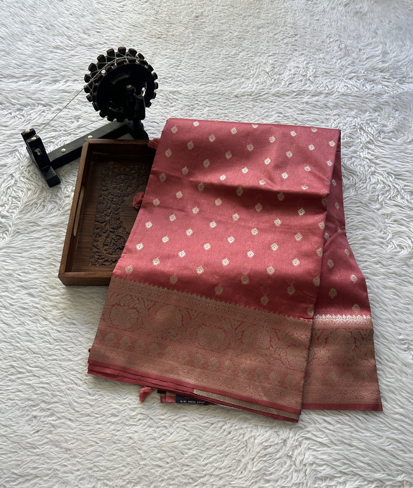 Semi Raw Silk Saree Dark Peach Colored Elegantly Paired with a Zari Border. - Sampradaya Designer Studio