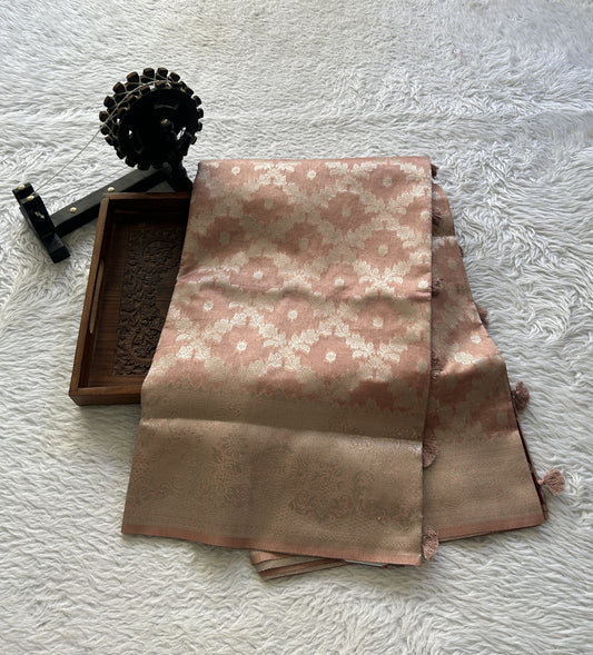 Semi Raw Silk Saree Light Onion Pink Colored Elegantly Paired with a Zari Border. - Sampradaya Designer Studio