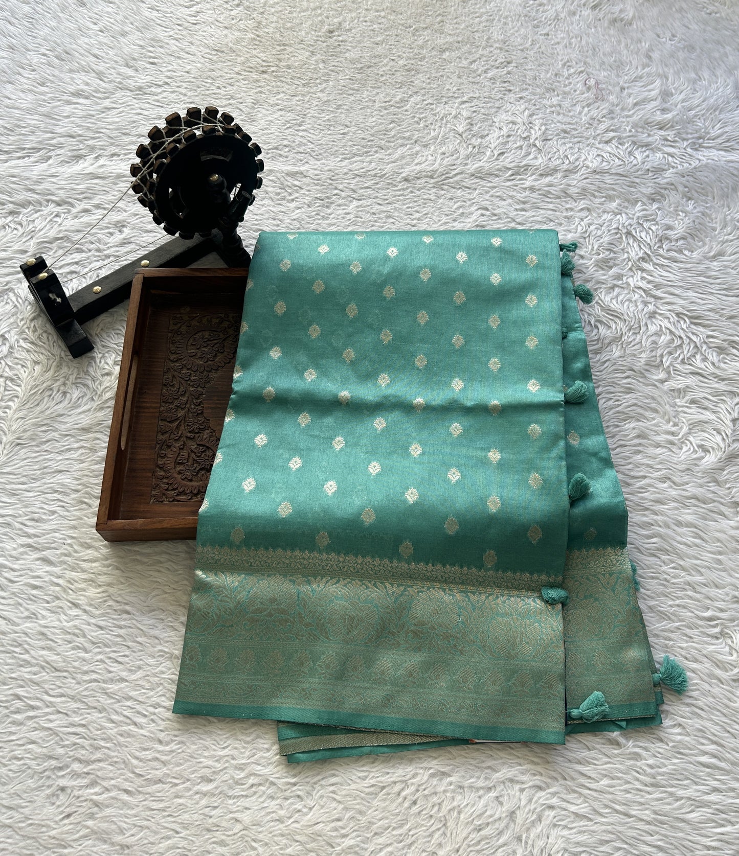 Semi Raw Silk Saree Sea Green Colored Elegantly Paired with a Zari Border. - Sampradaya Designer Studio