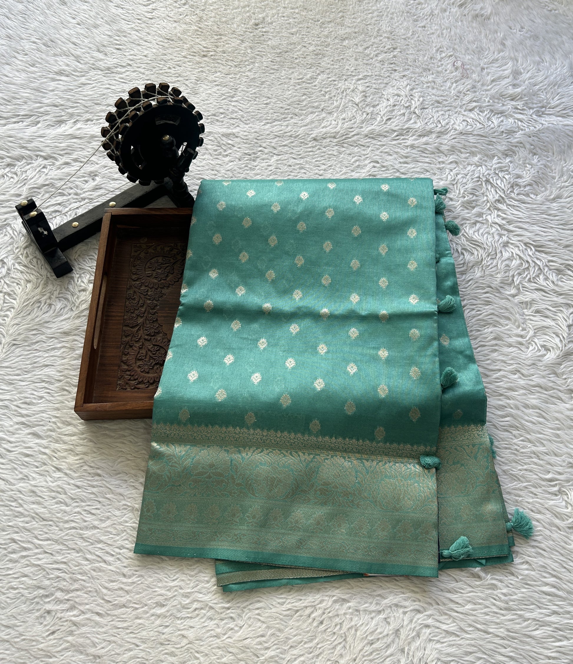 Semi Raw Silk Saree Sea Green Colored Elegantly Paired with a Zari Border. - Sampradaya Designer Studio