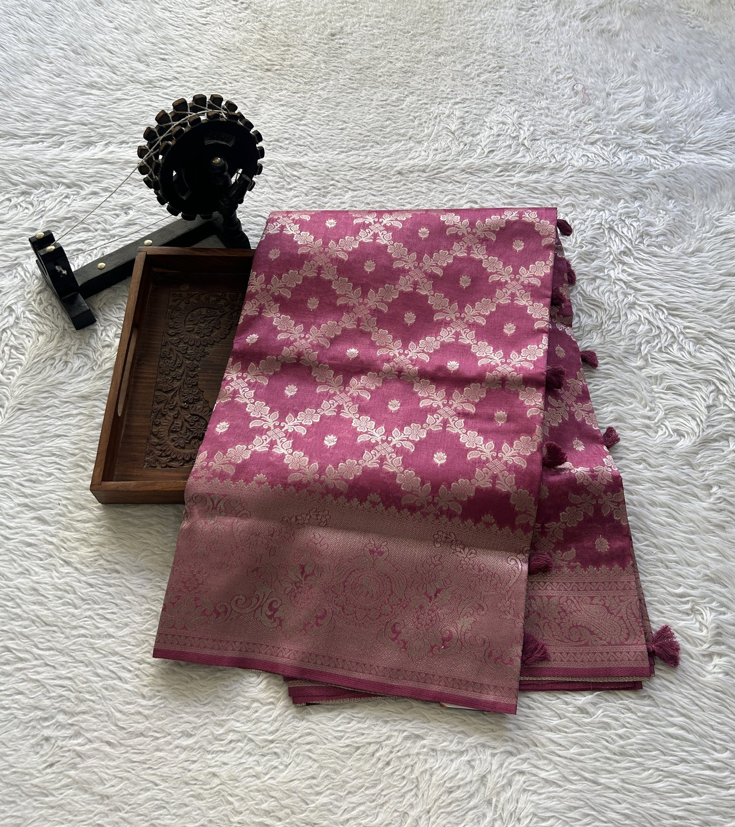 Semi Raw Silk Saree Pink Colored Elegantly Paired with a Zari Border. - Sampradaya Designer Studio