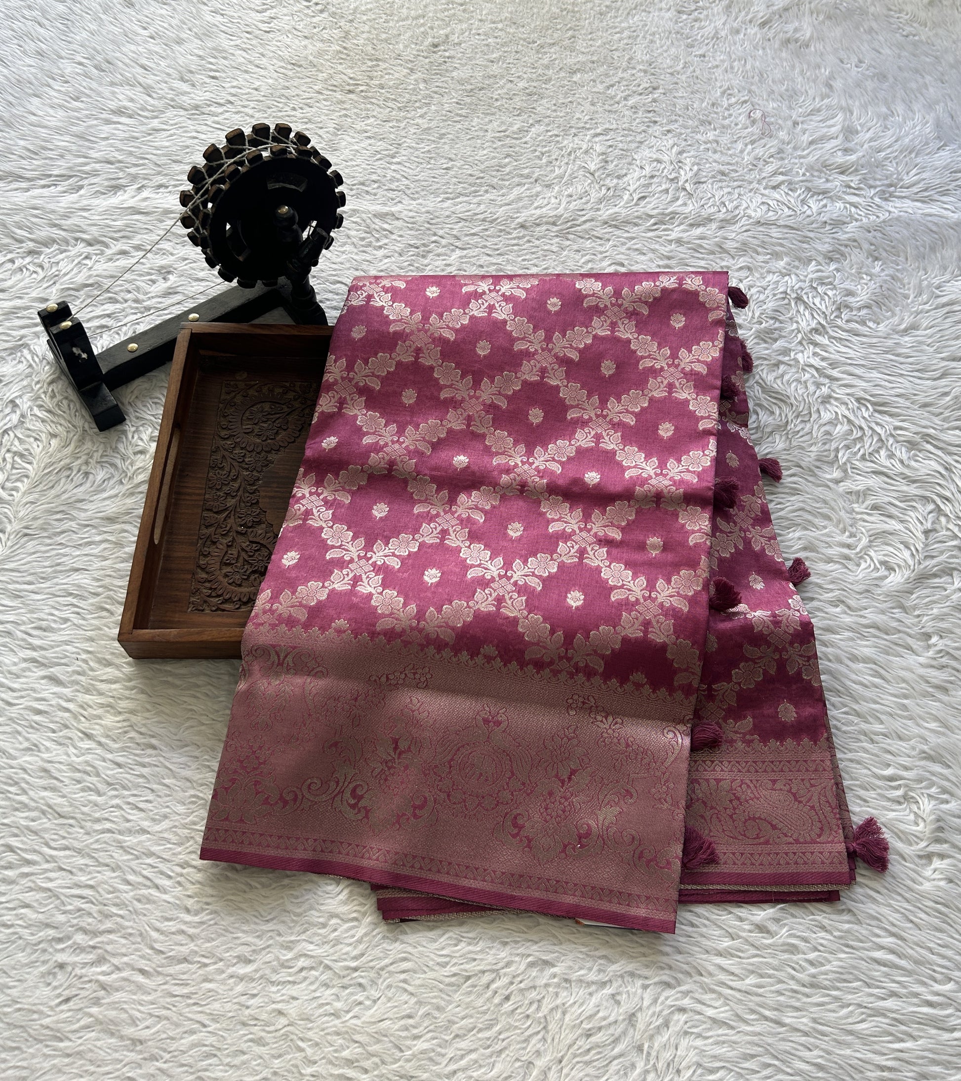 Semi Raw Silk Saree Pink Colored Elegantly Paired with a Zari Border. - Sampradaya Designer Studio