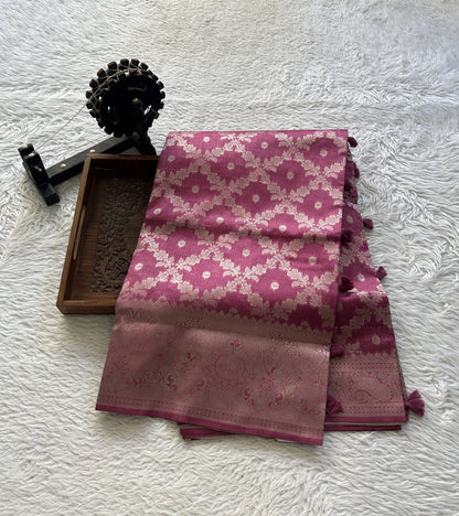 Semi Raw Silk Saree Pink Colored Elegantly Paired with a Zari Border. - Sampradaya Designer Studio