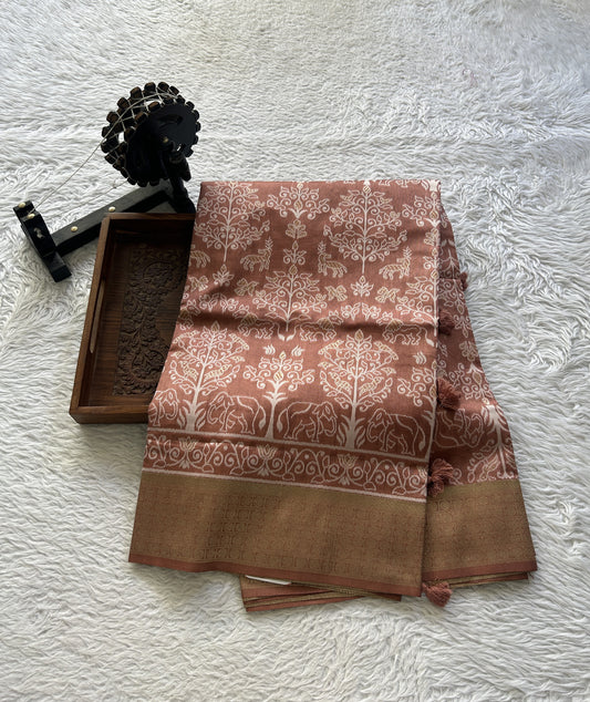 Semi Raw Silk Allover Saree Brown Colored Elegantly Paired with a Zari Border. - Sampradaya Designer Studio