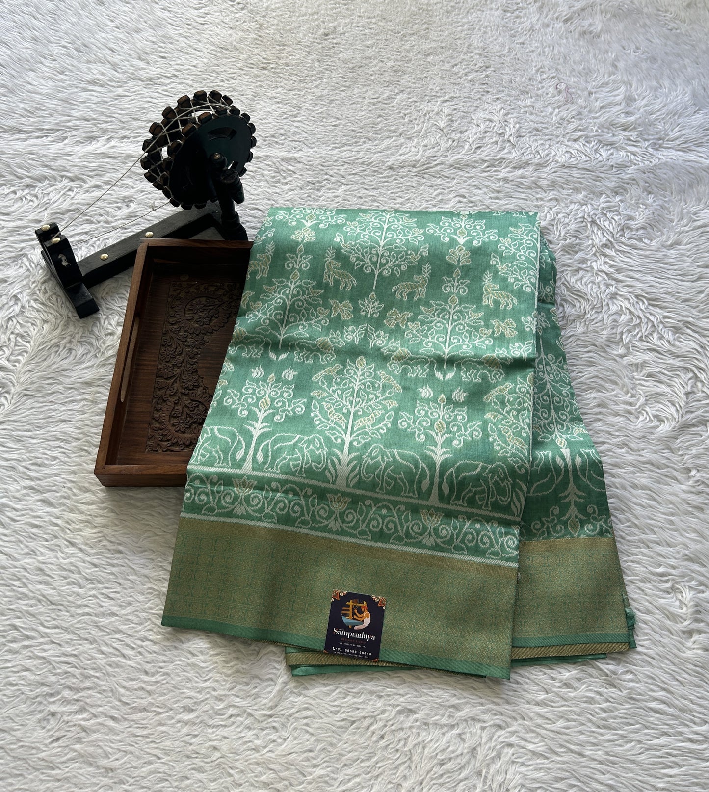 Semi Raw Silk Allover Saree Emerald Green Colored Elegantly Paired with a Zari Border. - Sampradaya Designer Studio