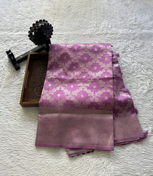 Semi Raw Silk Allover Saree Baby Pink Colored Elegantly Paired with a Zari Border. - Sampradaya Designer Studio