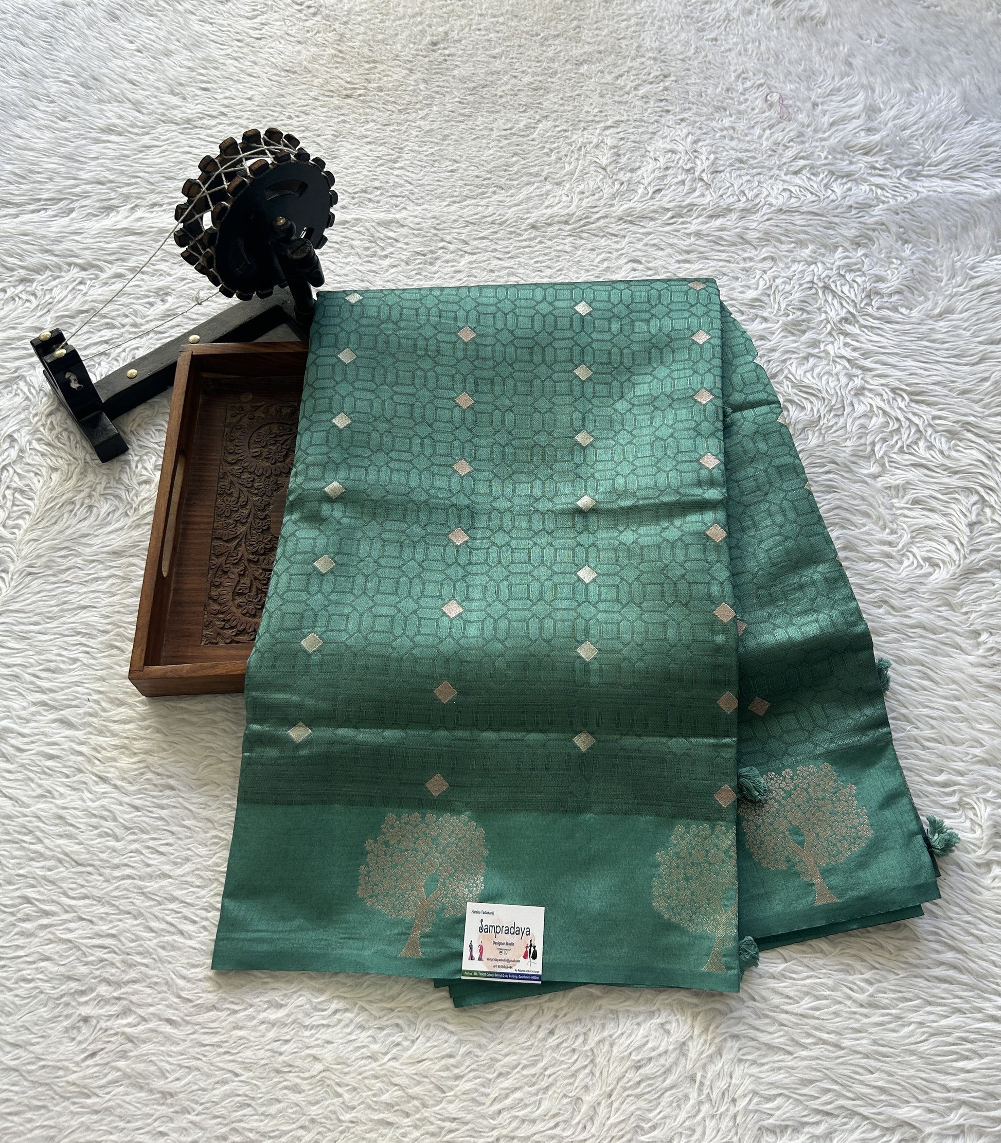 Semi Tussar Saree Teal Green Colored complemented with a Buti Border. - Sampradaya Designer Studio