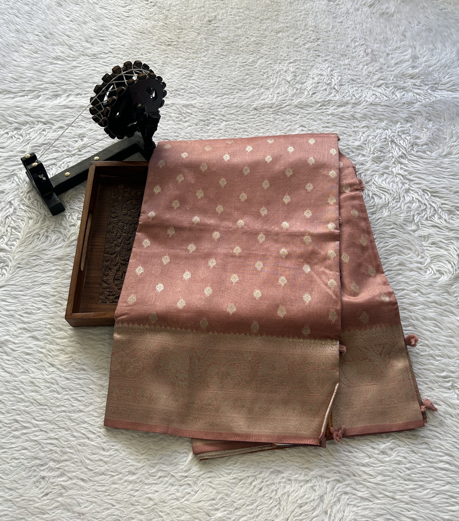 Semi Raw Silk Allover Saree Deep Peach Colored Elegantly Paired with a Zari Border. - Sampradaya Designer Studio