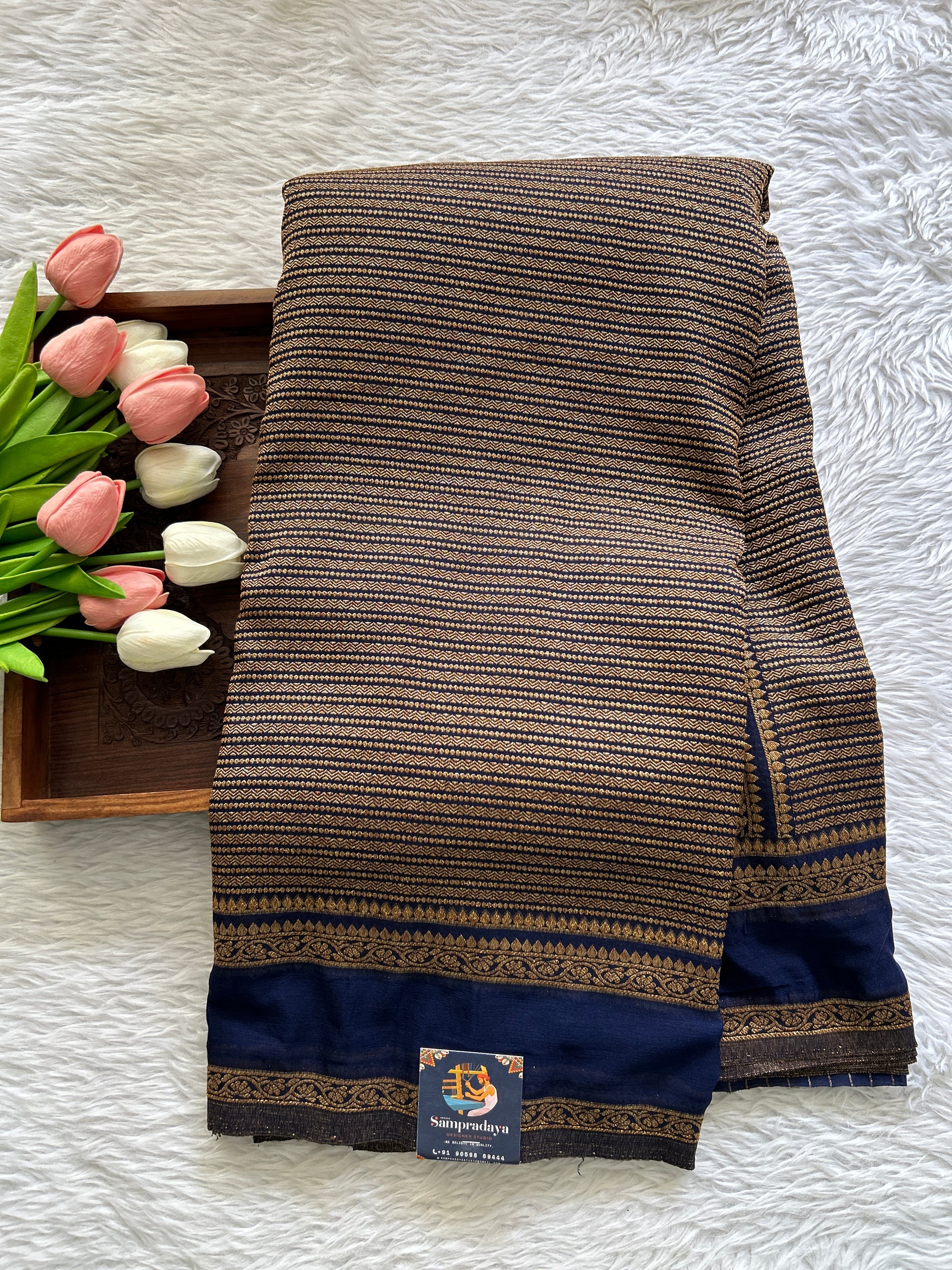 Semi Georgette Saree Ink Blue Colored Complemented with a Zari Border. - Sampradaya Designer Studio