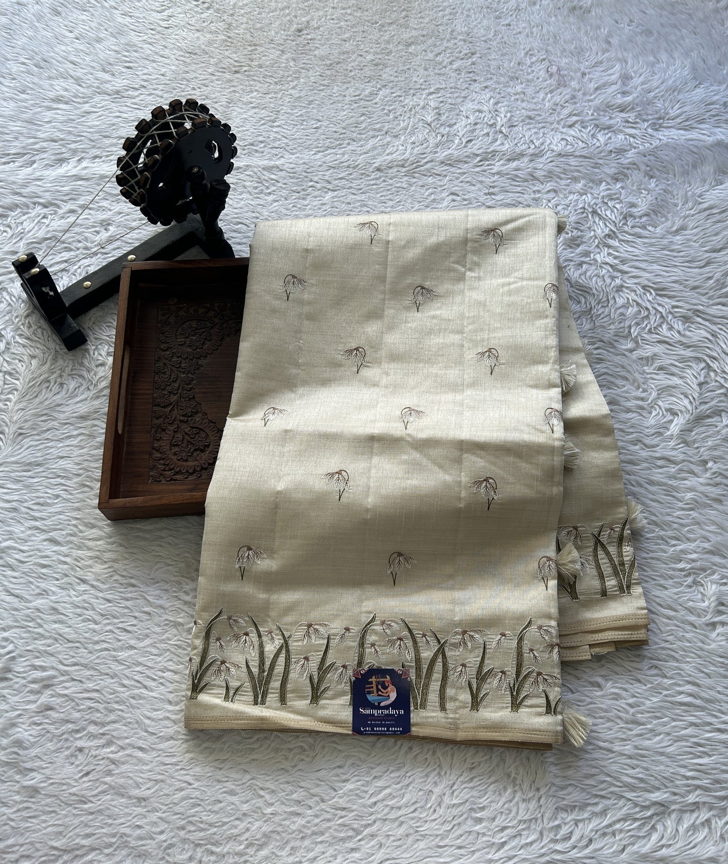 Semi Tussar Saree Pearl Colored complemented with a Embroidered Scallop Border. - Sampradaya Designer Studio