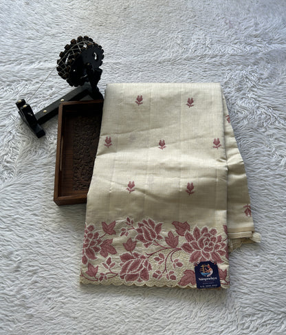 Semi Tussar Saree Cream Colored complemented with a Embroidered Scallop Border. - Sampradaya Designer Studio