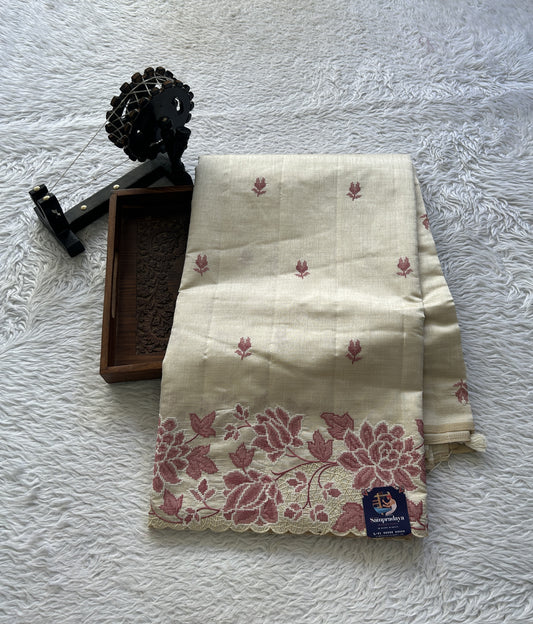 Semi Tussar Saree Cream Colored complemented with a Embroidered Scallop Border. - Sampradaya Designer Studio