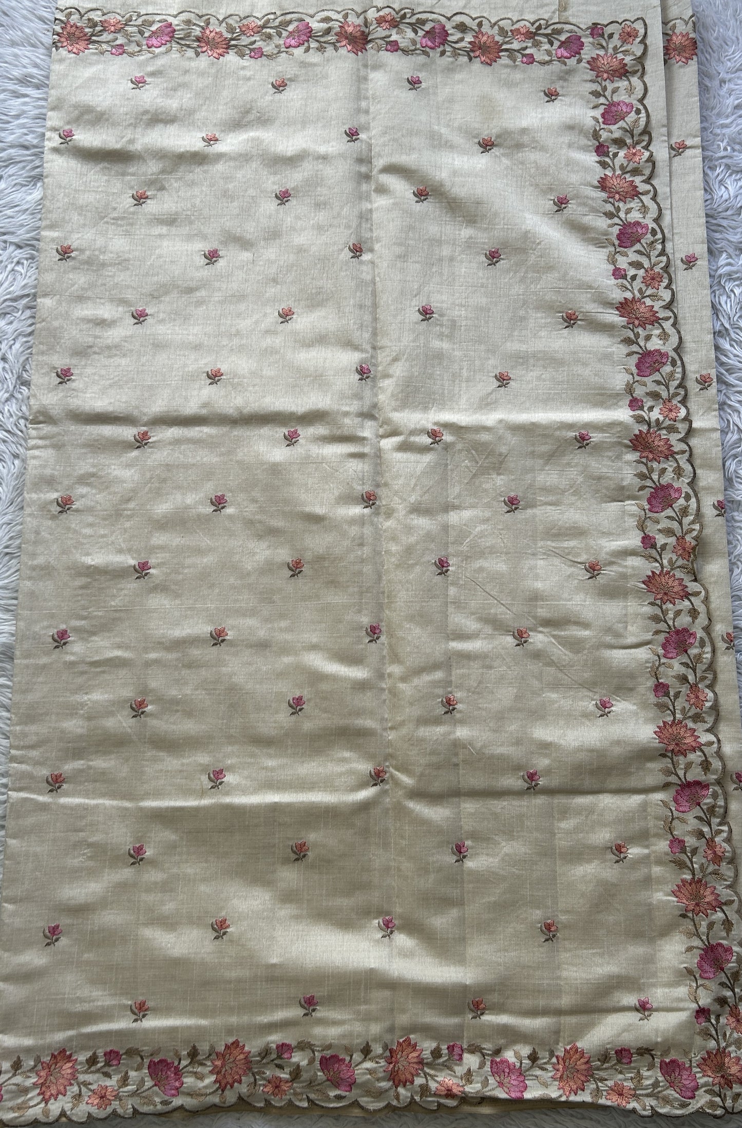 Semi Tussar Saree Pastel Cream Colored complemented with a Embroidered Scallop Border. - Sampradaya Designer Studio