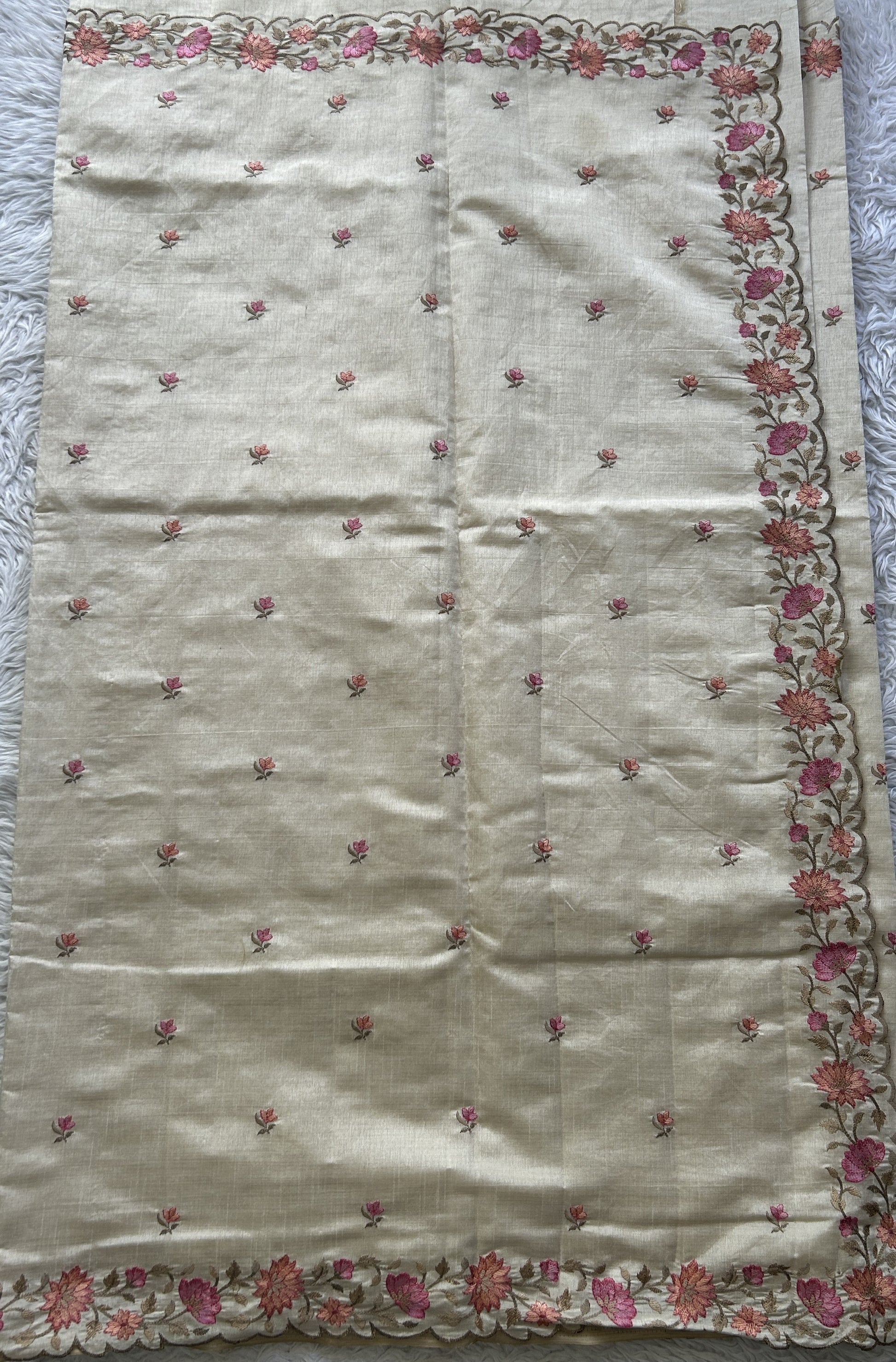 Semi Tussar Saree Pastel Cream Colored complemented with a Embroidered Scallop Border. - Sampradaya Designer Studio