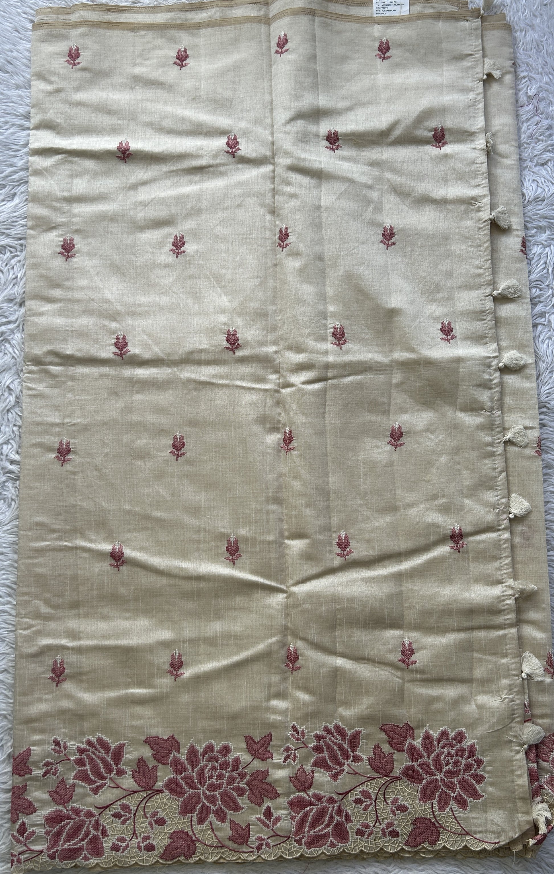 Semi Tussar Saree Cream Colored complemented with a Embroidered Scallop Border. - Sampradaya Designer Studio